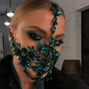 Green Crystal Face Mask Halloween Mask Women Masquerade Rhinestone Face Jewelry